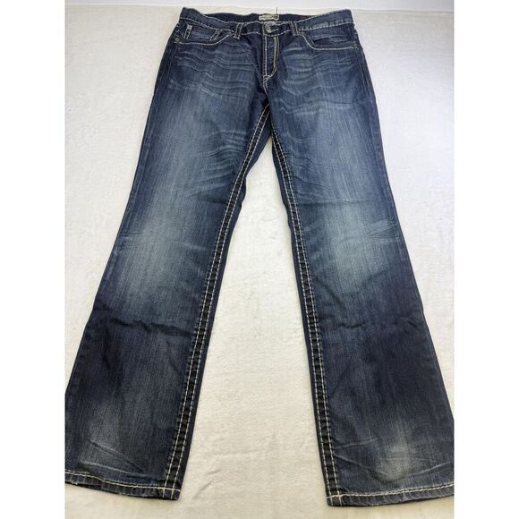 MEK Denim Jeans Mens 36x34 Blue Tetouan Straight Leg Contrast Stitch Distressed - Picture 1 of 15